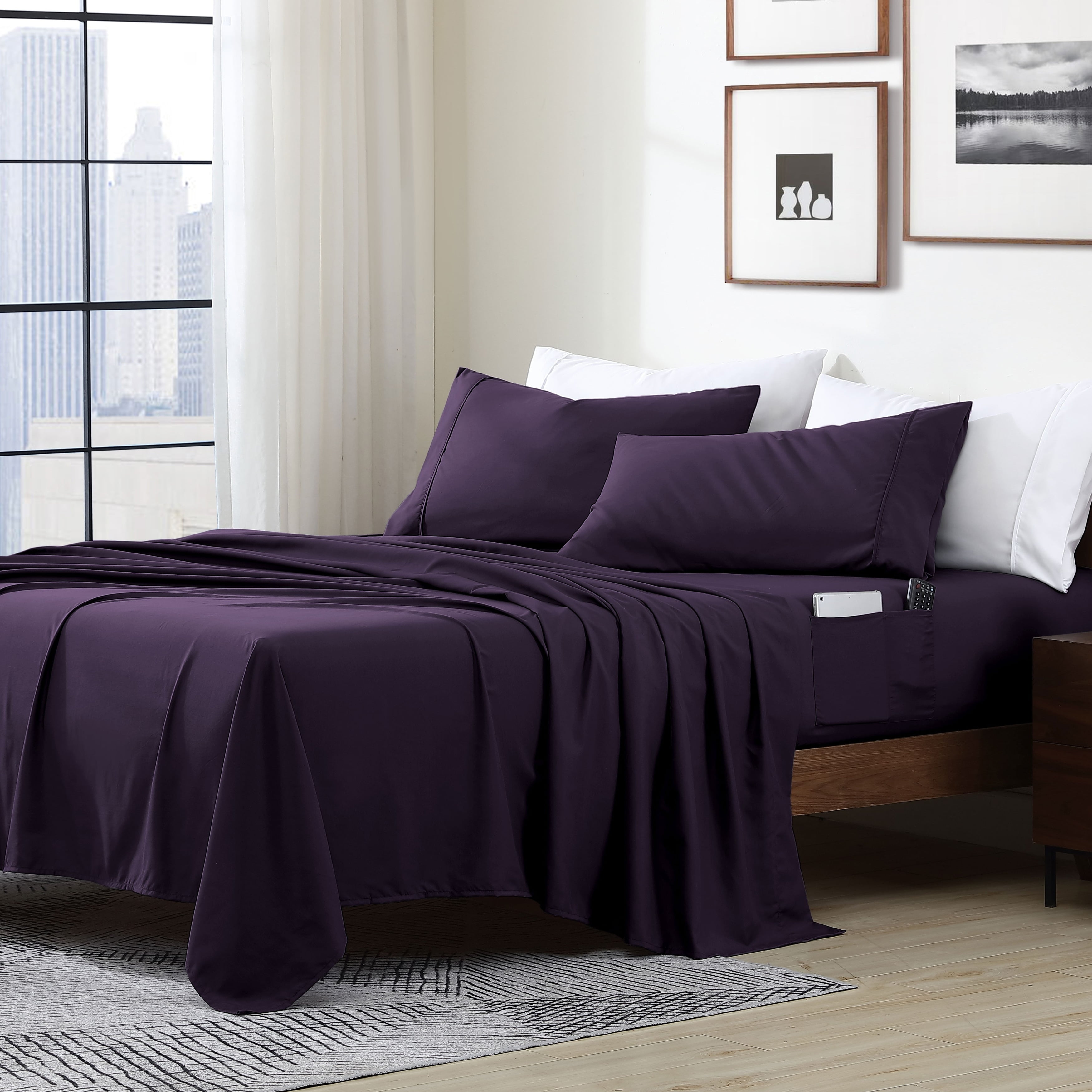 Eggplant Full/Double Polyester Microfiber Sheet Set with Smart Pockets