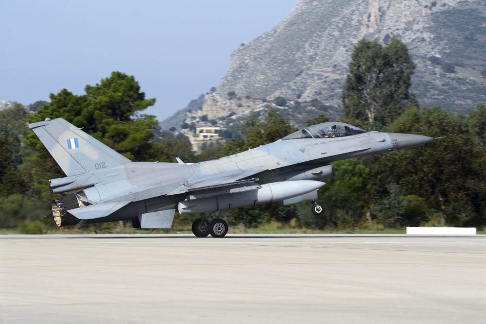 Hellenic Air Force F-16C Block 52 landing at Araxos Air Base Canvas Art - Daniele FaccioliStocktrek Images (34 x 23)