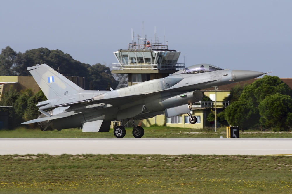 Hellenic Air Force F-16D Block 52 landing at Araxos Air Base Canvas Art - Daniele FaccioliStocktrek Images (17 x 12)