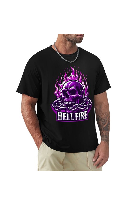 Hellfire Men's Cotton HD Print Short Sleeve T-Shirt Crew Neck Top Black 3XL