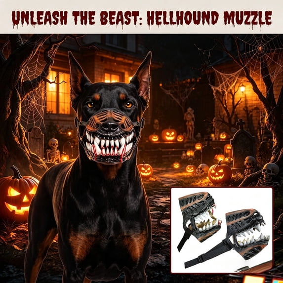 Hellhound Monster Dog Muzzle Halloween Costume Accessory, Realistic Sharp Fangs Horror Dog Mask, Adjustable Soft Latex Dog Muzzle for Medium Large Dogs Trick Or Treat