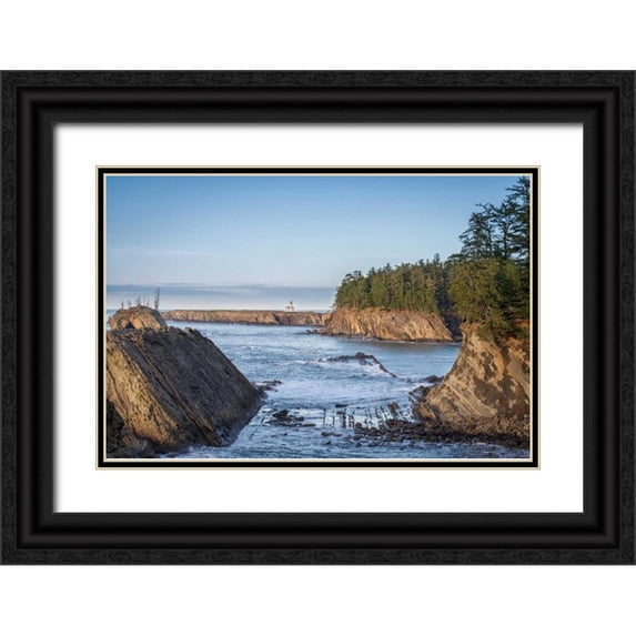 Hellmann, Stan 24x17 Black Ornate Wood Framed with Double Matting Museum Art Print Titled - Cape Arago Lighthouse