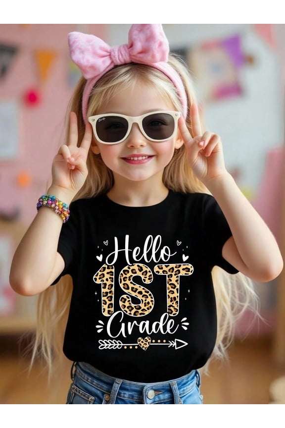 Hello 1st Grade Leopard Teacher Students Back To School Girl Kids T-Shirt