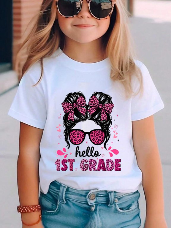 Hello 1st Grade Messy Bun Coquette First Day Of School Girls Kids Cotton Graphic Tee Comfortable boys girls T-Shirt