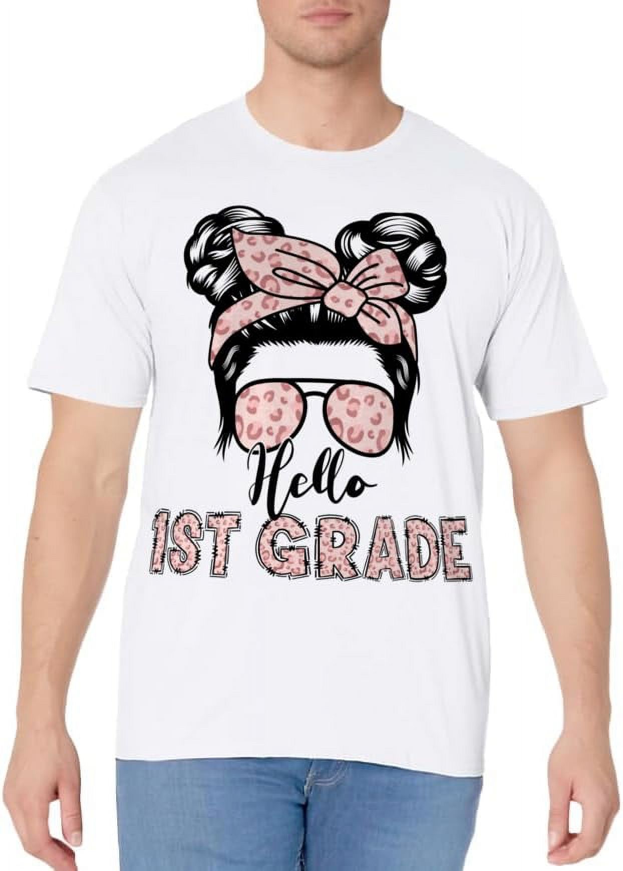 Hello 3719 Hello 1st Grade Messy Hair Bun Girl Back To School First Day T-Shirt ...