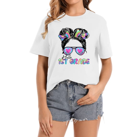 Hello 1st Grade Messy Hair Bun Girl Back To School First Day T-Shirt