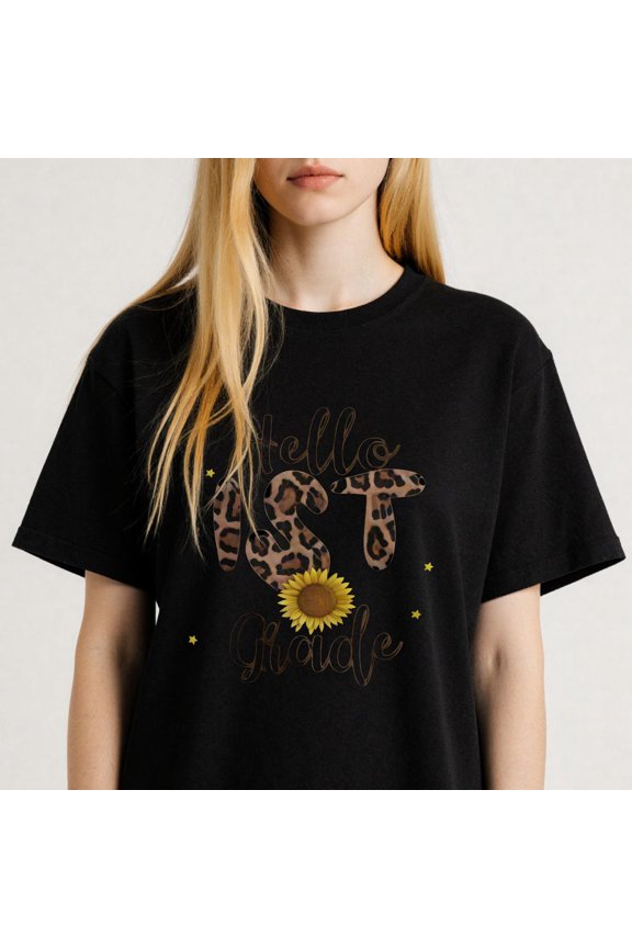 Hello 1st Grade Printing T Shirt Leopard Sunflower Tee