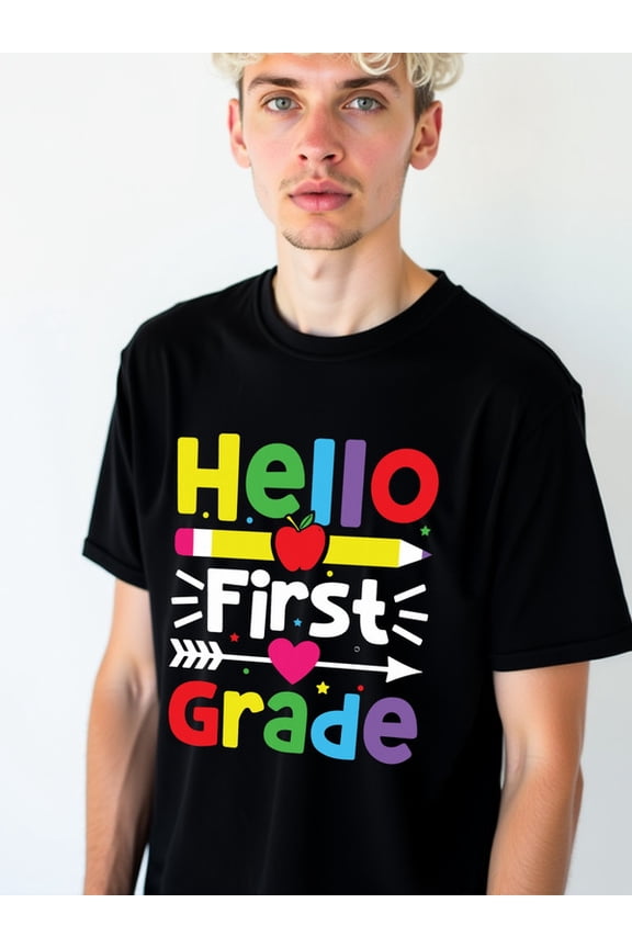 Hello 1st Grade Teacher Tee Mens graphic t shirts black funny gifts Breathable fabric, round neck, short sleeves Trendy Unisex Shirt Cotton tshirts
