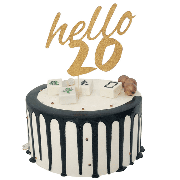 Hello 20 Cake Topper, Gold Glitter, 20th Birthday Party Decoration