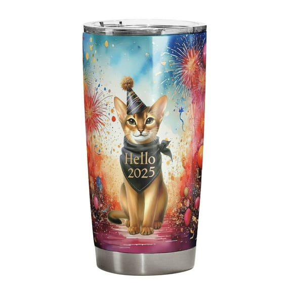 Hello 2025 Abyssinian Celebrates Happy New Year Firework Balloon 20oz Stainless Steel Tumbler Insulated Cup with Lid Cat Lover Kitten Owner Gifts - 02024