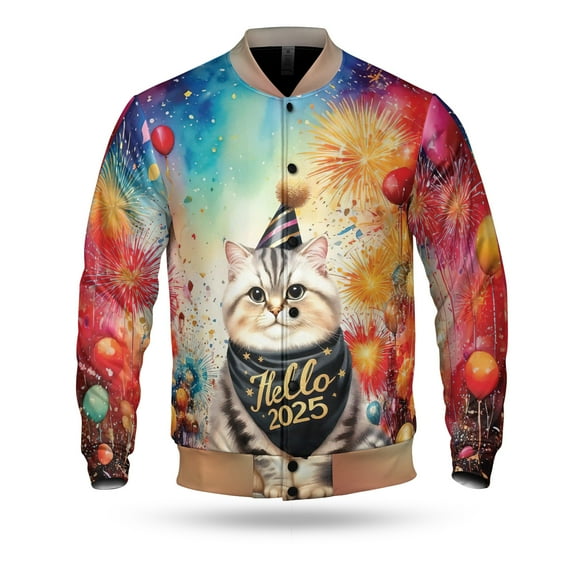 Hello 2025 American Shorthair Celebrates Happy New Year Firework Balloon All Over Print 3D Baseball Jacket Cat Lover Kitten Owner Gifts Bomber Jacket Softball - 02024