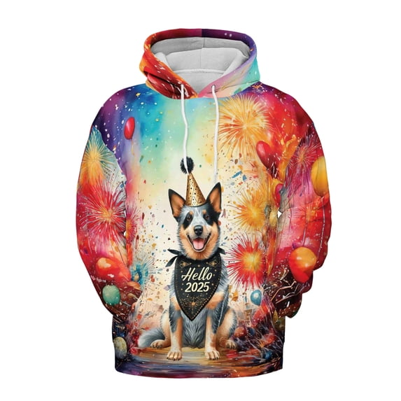 Hello 2025 Australian Cattle Dog Celebrates Happy New Year Firework Balloon All Over Print 3D Hoodie Unisex Merch Hoodies Heeler Lover Gifts - 02024