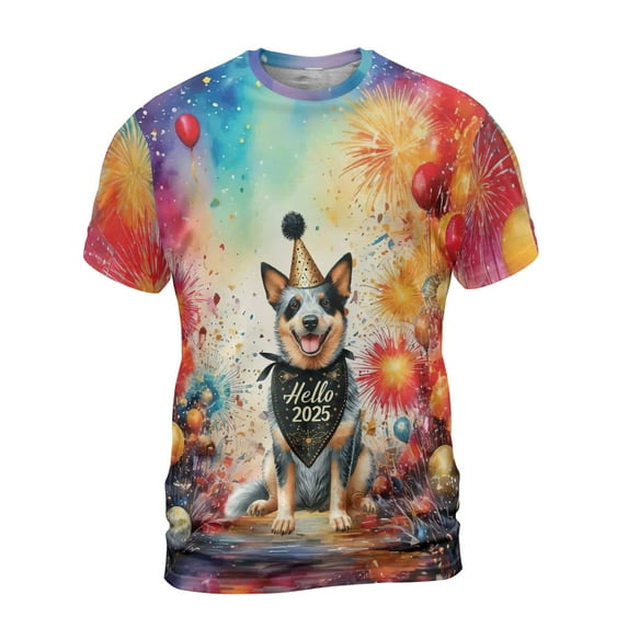 Hello 2025 Australian Cattle Dog Celebrates Happy New Year Firework Balloon All Over Print 3D Shirt Unisex Merch Heeler Lover Gifts - 02024