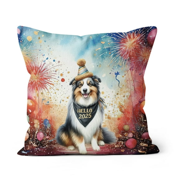 Hello 2025 Australian Shepherd Celebrates Happy New Year Firework Balloon Pillow Cushion Double Sided Aussie Dog Lover Gifts Throw Pillow - 02024