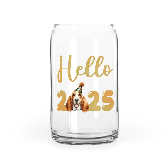 Hello 2025 Basset Hound Celebrates Happy New Year Firework Balloon 16oz Glass Cup Mug Bassets Dog Breed Lovers Gifts Idea Glass Can - 02024