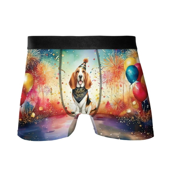 Hello 2025 Basset Hound Celebrates Happy New Year Firework Balloon All Over Print Boxer Briefs Underwear for Men Dad Bassets Dog Breed Lovers Gifts Idea - 02024