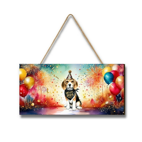 Hello 2025 Beagle Celebrates Happy New Year Firework Balloon Landscape Wood Sign Beagles Dog Lover Gifts Idea Hanging Wall Home Decor - 02024