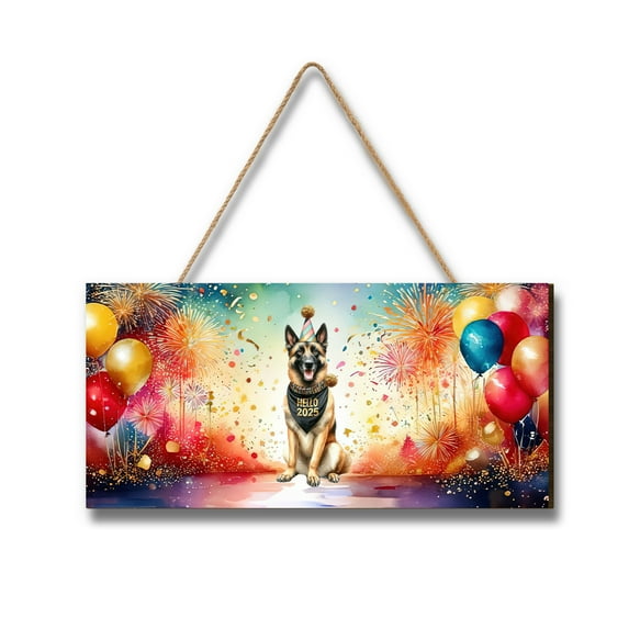 Hello 2025 Belgian Malinois Celebrates Happy New Year Firework Balloon Landscape Wood Sign Sheepdog Dog Lover Gifts Hanging Wall Home Decor - 02024