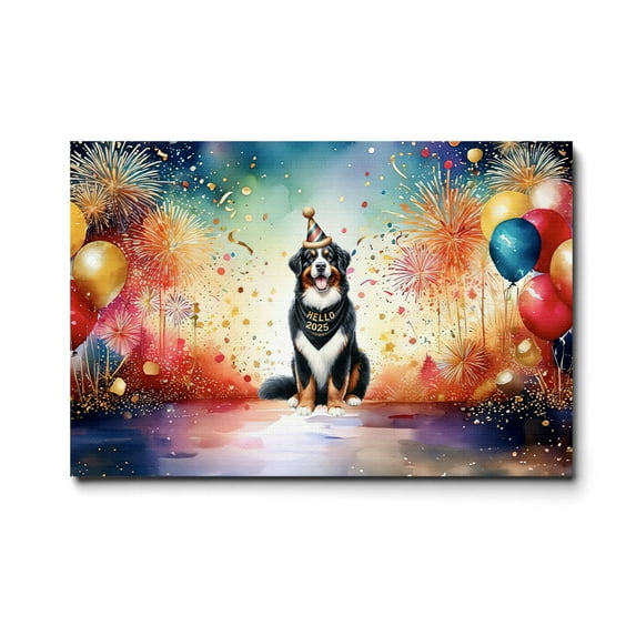 Hello 2025 Bernese Mountain Dog Celebrates Happy New Year Firework Balloon Horizontal Matte Canvas Poster Berner Lover Gifts Wall Art Home Decor - 02024