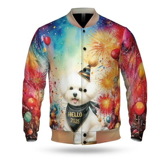 Hello 2025 Bichon Frise Celebrates Happy New Year Firework Balloon All Over Print 3D Baseball Jacket Bichons Dog Lovers Gifts Idea Bomber Jacket Softball - 02024