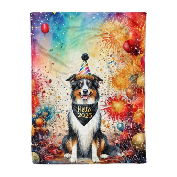 Hello 2025 Border Collie Celebrates Happy New Year Firework Balloon Cozy Fleece Blanket Borders Dog Lovers Gifts Idea Warm Soft Throw Blanket - 02024