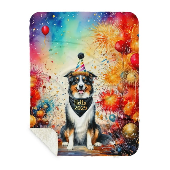 Hello 2025 Border Collie Celebrates Happy New Year Firework Balloon Cozy Sherpa Blanket Borders Dog Lovers Gifts Idea Warm Soft Throw Blanket - 02024