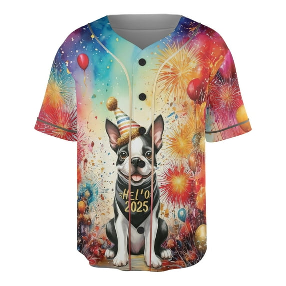 Hello 2025 Boston Terrier Celebrates Happy New Year Firework Balloon All Over Print 3D Baseball Shirt Gentleman Dog Lover Gifts Softball Sport - 02024