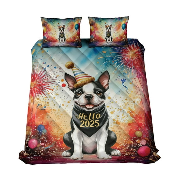 Hello 2025 Boston Terrier Celebrates Happy New Year Firework Balloon Quilt Bedding Set Gentleman Dog Lover Gifts 1 Blanket Bed Cover 2 Pillowcases - 02024