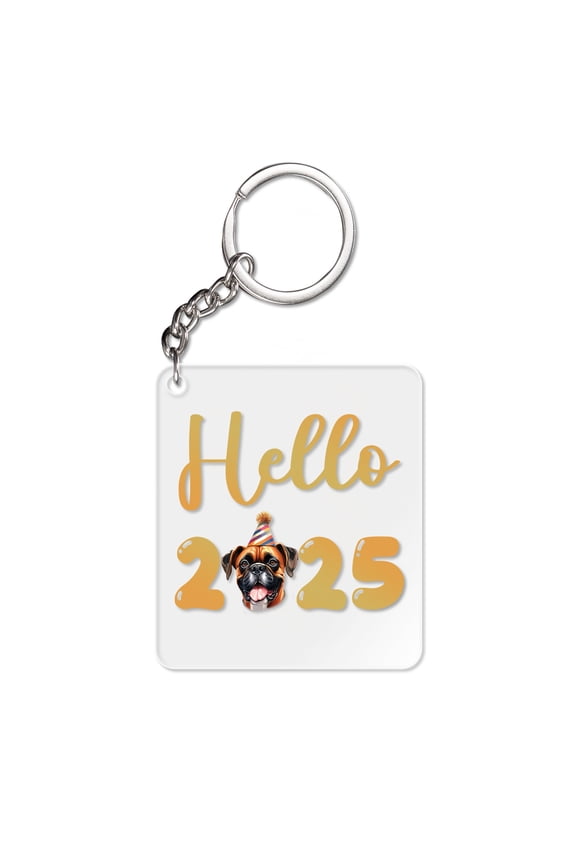 Hello 2025 Boxer Celebrates Happy New Year Firework Balloon Acrylic Keychain Boxers Dog Lover Gifts Idea Collar Charm Tag Keyring - 02024