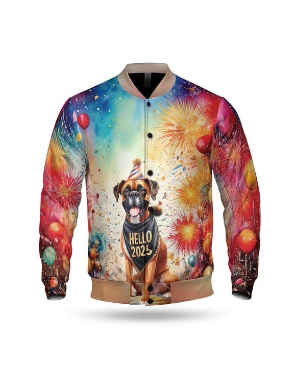 Hello 2025 Boxer Celebrates Happy New Year Firework Balloon All Over Print 3D Baseball Jacket Boxers Dog Lover Gifts Idea Bomber Jacket Softball - 02024