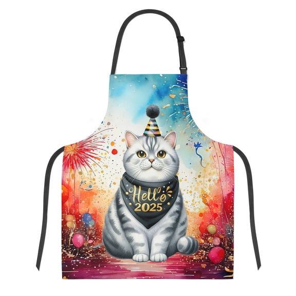 Hello 2025 British Shorthair Celebrates Happy New Year Firework Balloon Apron Cat Lover Kitten Owner Gifts for Cooking Grilling Baking Painting Gardening - 02024