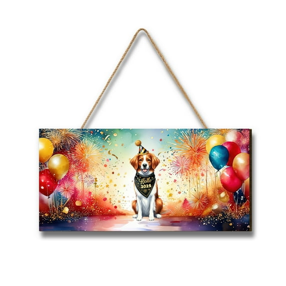 Hello 2025 Brittany Spaniel Celebrates Happy New Year Firework Balloon Landscape Wood Sign Brittany Dog Lover Gifts Idea Hanging Wall Home Decor - 02024