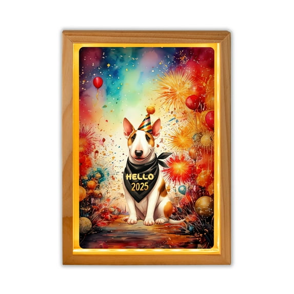 Hello 2025 Bull Terrier Celebrates Happy New Year Firework Balloon Acrylic Plaque with Wood Photo Frame Box Bully Dog Lovers Gifts Idea Light Box - 02024