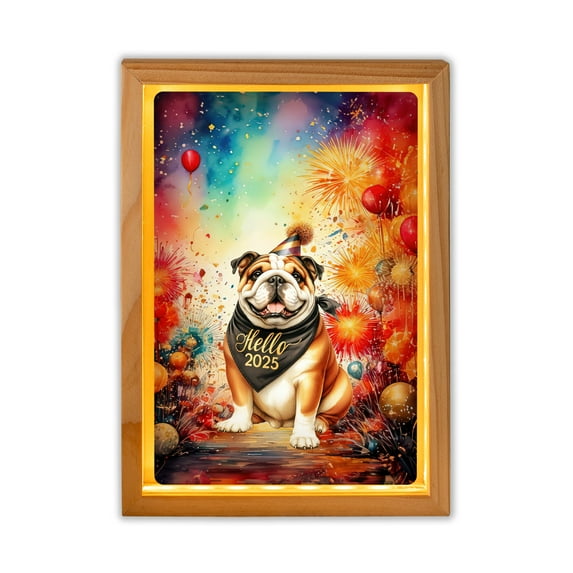 Hello 2025 Bulldog Celebrates Happy New Year Firework Balloon Acrylic Plaque with Wood Photo Frame Box Dog Lover Gifts Idea Light Box - 02024