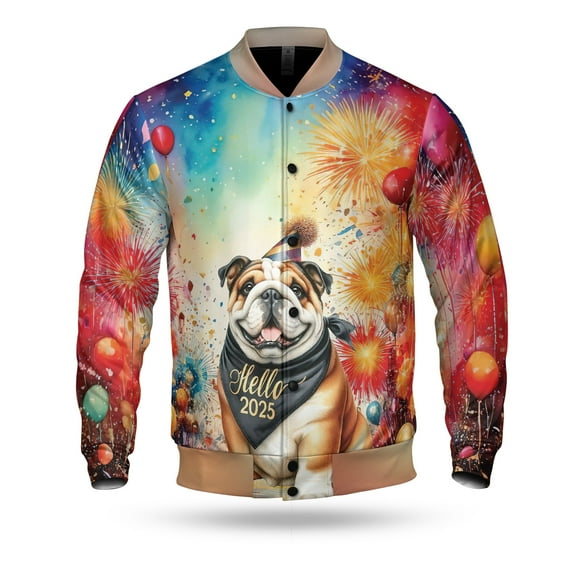 Hello 2025 Bulldog Celebrates Happy New Year Firework Balloon All Over Print 3D Baseball Jacket Dog Lover Gifts Idea Bomber Jacket Softball - 02024