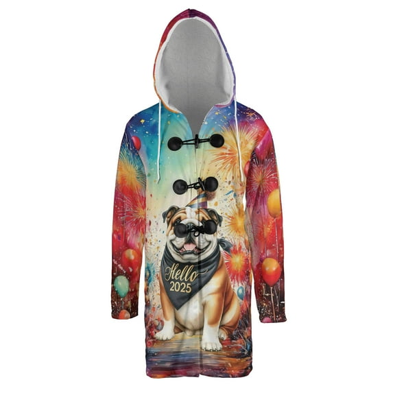 Hello 2025 Bulldog Celebrates Happy New Year Firework Balloon All Over Print 3D Hooded Duffle Toggle Coat Dog Lover Gifts Idea - 02024