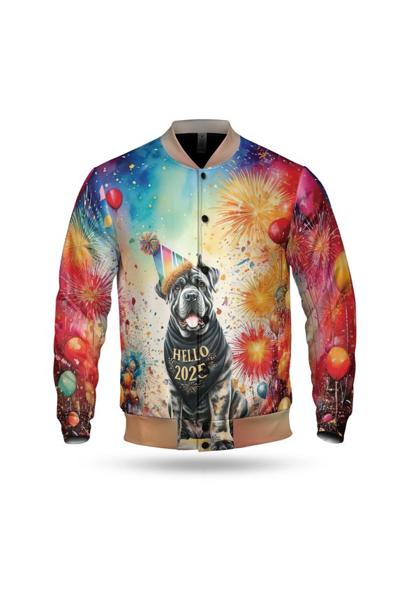 Hello 2025 Cane Corso Celebrates Happy New Year Firework Balloon All Over Print 3D Baseball Jacket Italian Mastiff Dog Lover Gifts Idea Bomber Jacket Softball - 02024