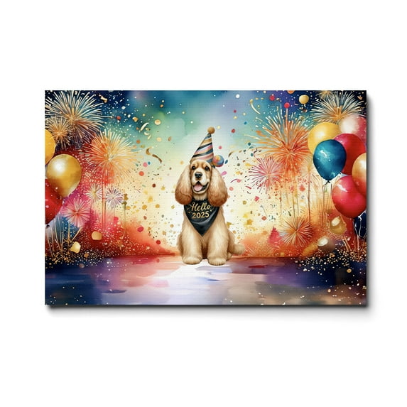 Hello 2025 Cocker Spaniel Celebrates Happy New Year Firework Balloon Horizontal Matte Canvas Poster Cockers Dog Lover Gifts Wall Art Home Decor - 02024
