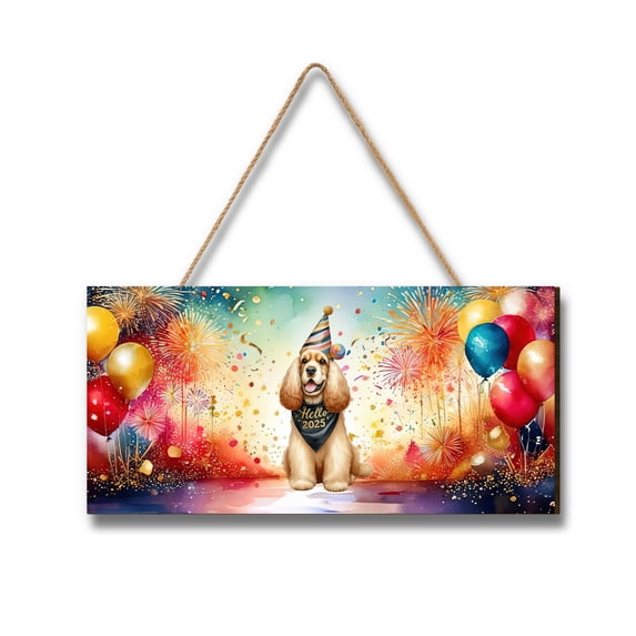 Hello 2025 Cocker Spaniel Celebrates Happy New Year Firework Balloon Landscape Wood Sign Cockers Dog Lover Gifts Hanging Wall Home Decor - 02024