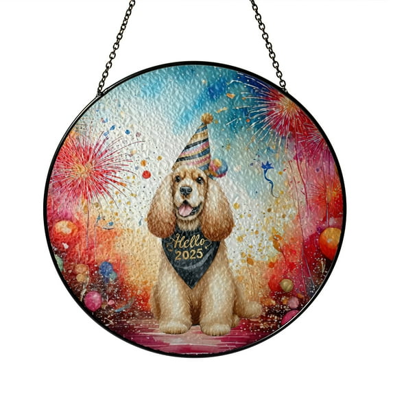 Hello 2025 Cocker Spaniel Celebrates Happy New Year Firework Balloon Stained Glass Suncatcher Cockers Dog Lover Gifts Window Hanging Sign Decor - 02024
