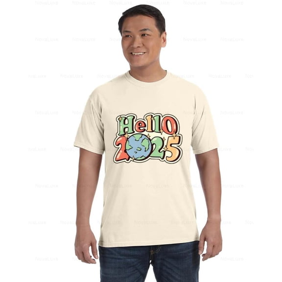 Hello 2025 Comfort Color T-Shirt Retro Typography Year-Inspired New Start Design, Unisex, up to size 4XL