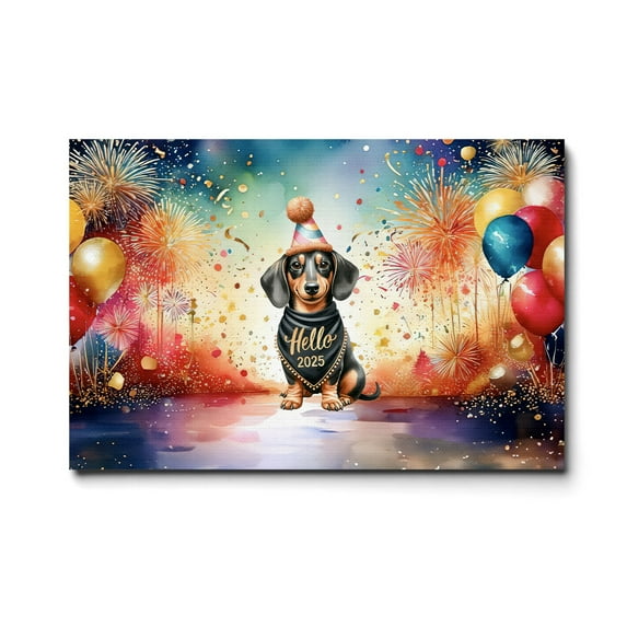 Hello 2025 Dachshund Celebrates Happy New Year Firework Balloon Horizontal Matte Canvas Poster Wiener Dog Lover Gifts Idea Wall Art Home Decor - 02024