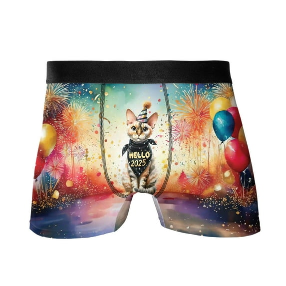 Hello 2025 Devon Rex Celebrates Happy New Year Firework Balloon All Over Print Boxer Briefs Underwear for Men Dad Cat Lover Kitten Owner Gifts - 02024