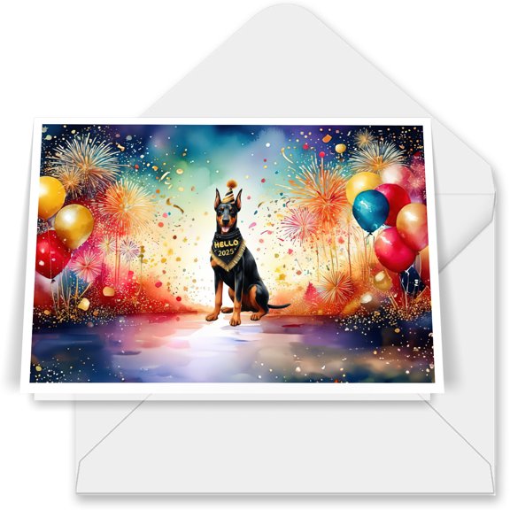Hello 2025 Doberman Pinscher Celebrates Happy New Year Firework Balloon 7x5in Folded Greeting Card Doberman Dog Lover Gifts Single Note Card with Envelope - 02024