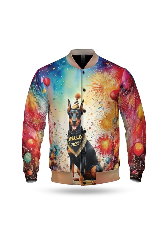 Hello 2025 Doberman Pinscher Celebrates Happy New Year Firework Balloon All Over Print 3D Baseball Jacket Doberman Dog Lover Gifts Bomber Jacket Softball - 02024