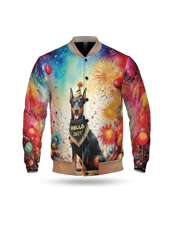 Hello 2025 Doberman Pinscher Celebrates Happy New Year Firework Balloon All Over Print 3D Baseball Jacket Doberman Dog Lover Gifts Bomber Jacket Softball - 02024