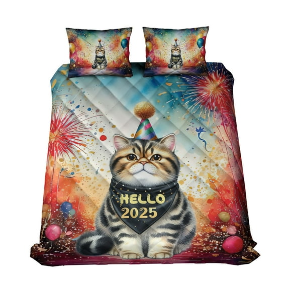 Hello 2025 Exotic Shorthair Celebrates Happy New Year Firework Balloon Quilt Bedding Set Cat Lover Kitten Owner Gifts 1 Blanket Bed Cover 2 Pillowcases - 02024