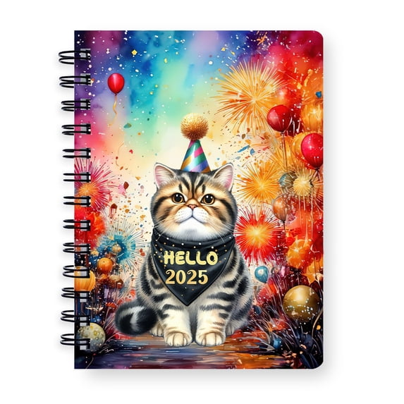 Hello 2025 Exotic Shorthair Celebrates Happy New Year Firework Balloon Spiral Bound Journal Cat Lover Kitten Owner Gifts 5x7in Spiral Notebook - 02024