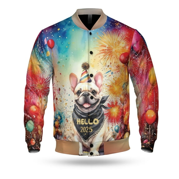 Hello 2025 French Bulldog Celebrates Happy New Year Firework Balloon All Over Print 3D Baseball Jacket Dog Lover Gifts Bomber Jacket Softball - 02024