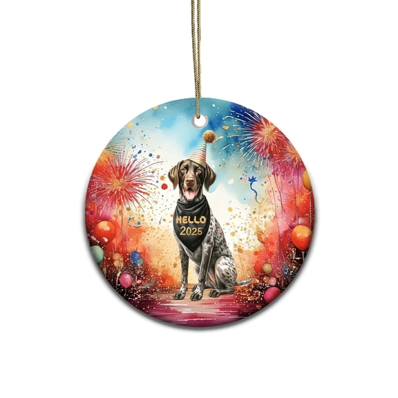 Hello 2025 German Shorthaired Pointer Celebrates Happy New Year Firework Balloon Ceramic Round Ornament GSP Lover Dog Gift Home Tree Decor - 02024